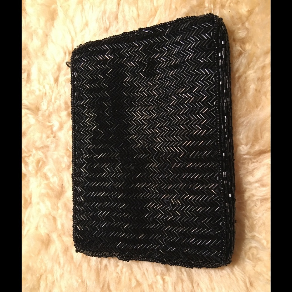 Black jet beaded herringbone clutch